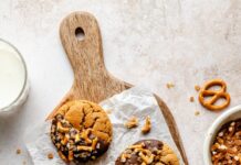 Chocolate-Dipped Peanut Butter Cookies with Toffee & Crushed Pretzels
